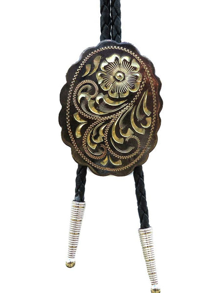 Western Express BT-205 Floral Engraving On Scalloped Oval German Bolo Tie Silver front view. If you need any assistance with this item or the purchase of this item please call us at five six one seven four eight eight eight zero one Monday through Saturday 10:00a.m EST to 8:00 p.m EST