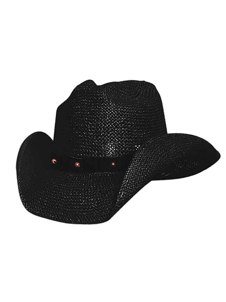 Bullhide AFTER PARTY 0221BL Straw Hat Black side and front view. If you need any assistance with this item or the purchase of this item please call us at five six one seven four eight eight eight zero one Monday through Saturday 10:00a.m EST to 8:00 p.m EST