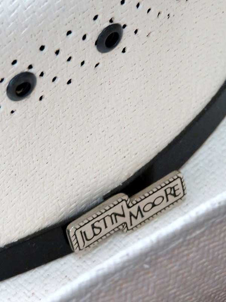 Bullhide JM LIMITED EDITION 50X 2732 Justin Moore Straw Hat Natural band close up. If you need any assistance with this item or the purchase of this item please call us at five six one seven four eight eight eight zero one Monday through Saturday 10:00a.m EST to 8:00 p.m EST