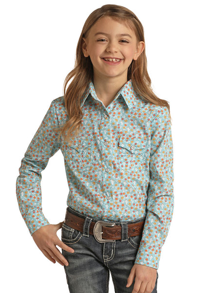 Panhandle C6S1942 Kids Mini Cactus Print Snap Shirt Turquoise front view.  If you need any assistance with this item or the purchase of this item please call us at five six one seven four eight eight eight zero one Monday through Saturday 10:00a.m EST to 8:00 p.m EST