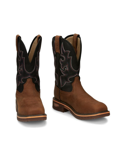 Justin CR4012 Men Resistor Comp Toe Waterproof Pull On Work Boot Rustic Brown. side / front view pair. If you need any assistance with this item or the purchase of this item please call us at five six one seven four eight eight eight zero one Monday through Saturday 10:00a.m EST to 8:00 p.m EST
