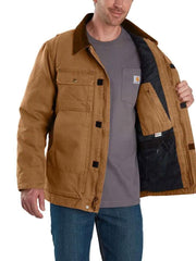 Carhartt 103283-211 Mens Full Swing Armstrong Traditional Insulated Jacket Brown inside view left side. If you need any assistance with this item or the purchase of this item please call us at five six one seven four eight eight eight zero one Monday through Saturday 10:00a.m EST to 8:00 p.m EST