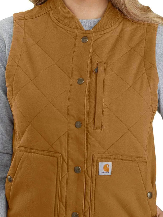 Carhartt 104423-BRN Womens Rugged Flex Canvas Insulated Rib Collar Vest Brown front view. If you need any assistance with this item or the purchase of this item please call us at five six one seven four eight eight eight zero one Monday through Saturday 10:00a.m EST to 8:00 p.m EST