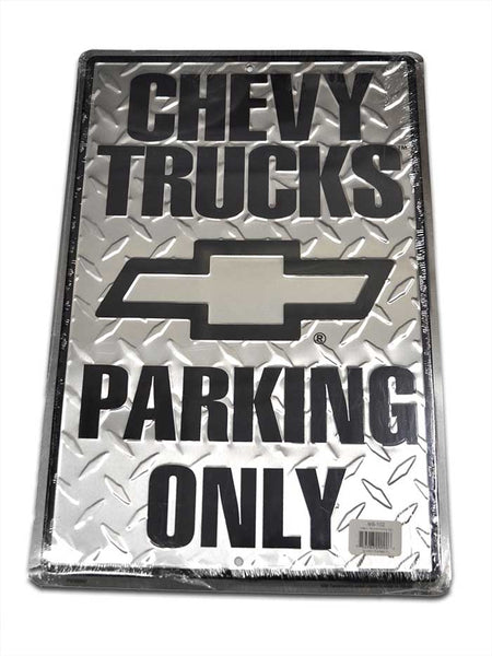 Chevy Trucks Parking Only 12x18 Metal Sign front view. If you need any assistance with this item or the purchase of this item please call us at five six one seven four eight eight eight zero one Monday through Saturday 10:00a.m EST to 8:00 p.m EST