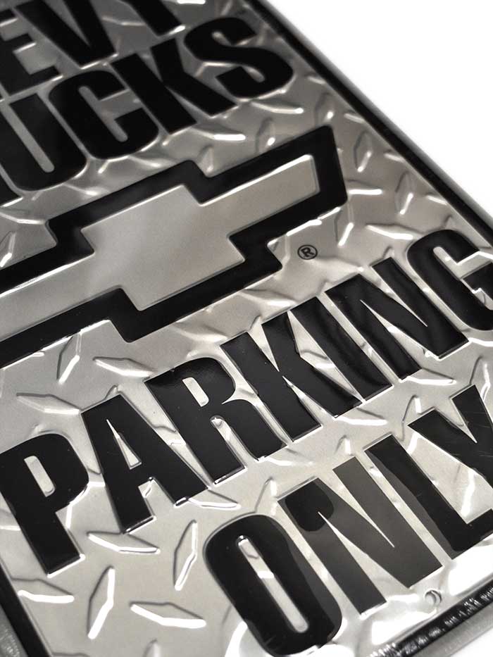 Chevy Trucks Parking Only 12x18 Metal Sign front view. If you need any assistance with this item or the purchase of this item please call us at five six one seven four eight eight eight zero one Monday through Saturday 10:00a.m EST to 8:00 p.m EST