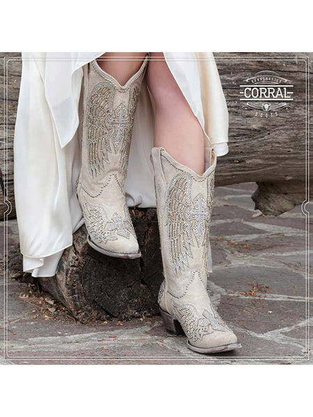 Corral A3571 Ladies Classic Cross & Wings Snip Toe Western Boot White front view on model. If you need any assistance with this item or the purchase of this item please call us at five six one seven four eight eight eight zero one Monday through Saturday 10:00a.m EST to 8:00 p.m EST