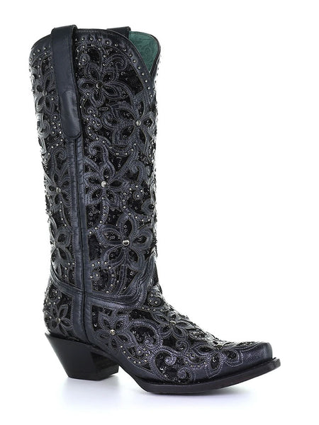 Corral A3752 Ladies Embroidery Inlay Studs Snip Toe Cowgirl Boot Black outter side view on an angle. If you need any assistance with this item or the purchase of this item please call us at five six one seven four eight eight eight zero one Monday through Saturday 10:00a.m EST to 8:00 p.m EST