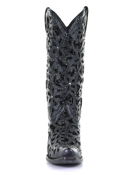 Corral A3752 Ladies Embroidery Inlay Studs Snip Toe Cowgirl Boot Black full front view. If you need any assistance with this item or the purchase of this item please call us at five six one seven four eight eight eight zero one Monday through Saturday 10:00a.m EST to 8:00 p.m EST