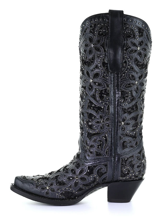 Corral A3752 Ladies Embroidery Inlay Studs Snip Toe Cowgirl Boot Black outter side view on an angle. If you need any assistance with this item or the purchase of this item please call us at five six one seven four eight eight eight zero one Monday through Saturday 10:00a.m EST to 8:00 p.m EST