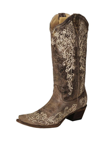 Corral A1094 Womens Crater Bone Embroidery Snip Toe Boots Brown front side view. If you need any assistance with this item or the purchase of this item please call us at five six one seven four eight eight eight zero one Monday through Saturday 10:00a.m EST to 8:00 p.m EST