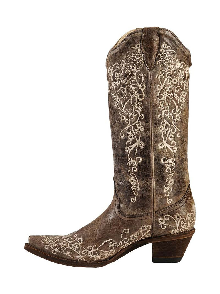 Corral A1094 Womens Crater Bone Embroidery Snip Toe Boots Brown front side view. If you need any assistance with this item or the purchase of this item please call us at five six one seven four eight eight eight zero one Monday through Saturday 10:00a.m EST to 8:00 p.m EST