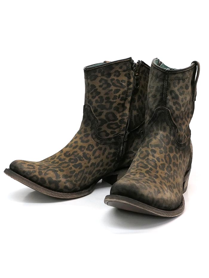 Corral C3627 Ladies Suede Leopard Print Ankle Bootie front and back view. If you need any assistance with this item or the purchase of this item please call us at five six one seven four eight eight eight zero one Monday through Saturday 10:00a.m EST to 8:00 p.m EST