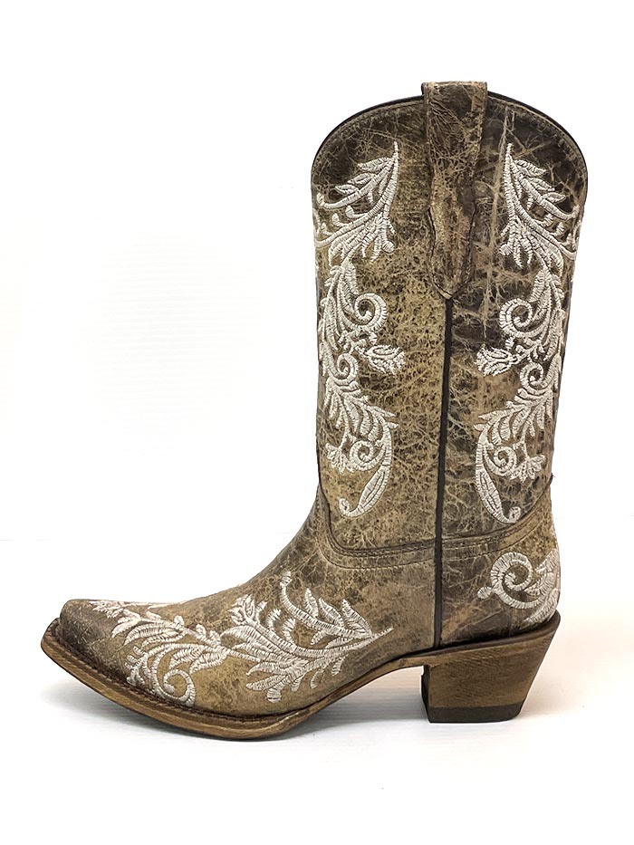 Corral T0118 Teen Glow Embroidery Snip Toe Western Boots Brown front side and back view. If you need any assistance with this item or the purchase of this item please call us at five six one seven four eight eight eight zero one Monday through Saturday 10:00a.m EST to 8:00 p.m EST
