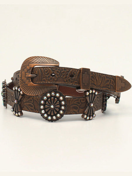 Angel Ranch D140000602 Womens 1" Embossed Large Copper Concho Belt Brown. If you need any assistance with this item or the purchase of this item please call us at five six one seven four eight eight eight zero one Monday through Saturday 10:00a.m EST to 8:00 p.m EST