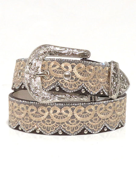 Angel Ranch DA3650 Womens Crystal Studs Laced Fashion Belt Brown front view. If you need any assistance with this item or the purchase of this item please call us at five six one seven four eight eight eight zero one Monday through Saturday 10:00a.m EST to 8:00 p.m EST