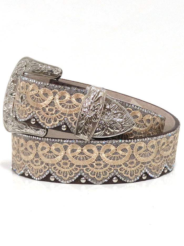 Angel Ranch DA3650 Womens Crystal Studs Laced Fashion Belt Brown front view. If you need any assistance with this item or the purchase of this item please call us at five six one seven four eight eight eight zero one Monday through Saturday 10:00a.m EST to 8:00 p.m EST