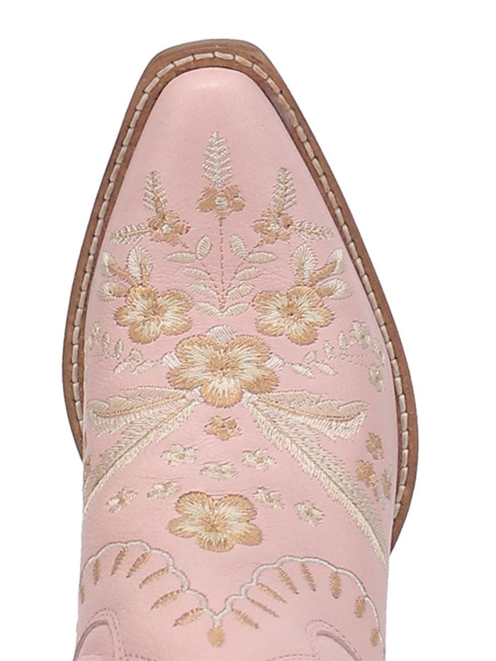 Dingo DI748 Womens Primrose Ankle Western Bootie Pink front-side view. If you need any assistance with this item or the purchase of this item please call us at five six one seven four eight eight eight zero one Monday through Saturday 10:00a.m EST to 8:00 p.m EST