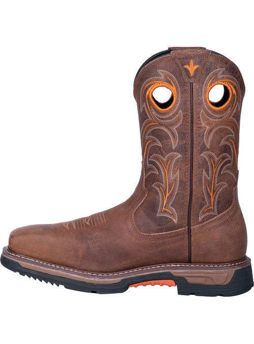 Dan Post DP56414 Mens Storms Eye Waterproof Square Toe Boot Brown Work Boots front and side view. If you need any assistance with this item or the purchase of this item please call us at five six one seven four eight eight eight zero one Monday through Saturday 10:00a.m EST to 8:00 p.m EST