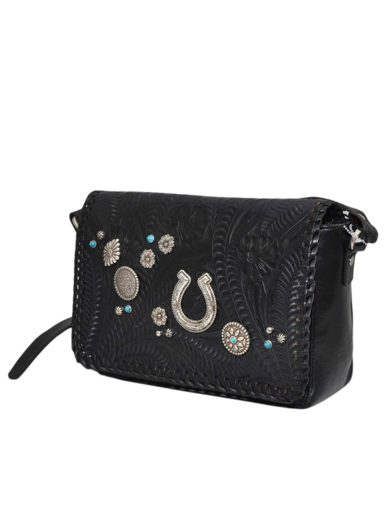 American West 9703514 Ladies Lariat Love Crossbody Hand Bag Black front view. If you need any assistance with this item or the purchase of this item please call us at five six one seven four eight eight eight zero one Monday through Saturday 10:00a.m EST to 8:00 p.m EST