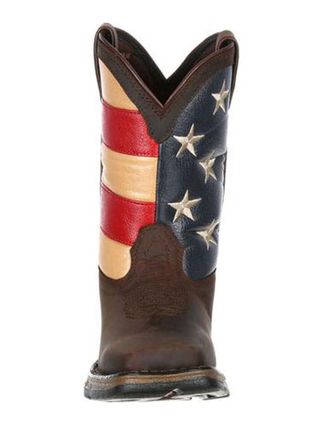 Durango DBT0159 Kids American Flag Lil' Rebel Cowboy Boot front view. If you need any assistance with this item or the purchase of this item please call us at five six one seven four eight eight eight zero one Monday through Saturday 10:00a.m EST to 8:00 p.m EST