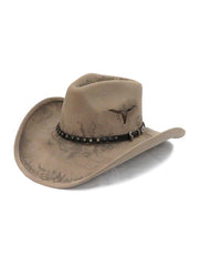 Dallas Hats Unisex Fort Worth Tan Wool Felt Hat side and front view standing. If you need any assistance with this item or the purchase of this item please call us at five six one seven four eight eight eight zero one Monday through Saturday 10:00a.m EST to 8:00 p.m EST