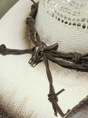 Dallas Hats GHOST RIDER Barbwire Skull Straw Hat White close up of band. If you need any assistance with this item or the purchase of this item please call us at five six one seven four eight eight eight zero one Monday through Saturday 10:00a.m EST to 8:00 p.m EST