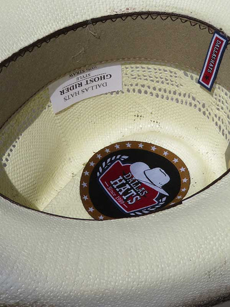 Dallas Hats GHOST RIDER Barbwire Skull Straw Hat White inside view. If you need any assistance with this item or the purchase of this item please call us at five six one seven four eight eight eight zero one Monday through Saturday 10:00a.m EST to 8:00 p.m EST