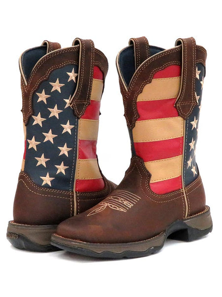 Durango RD4414 Womens Patriotic Pull-On Flag Western Boots front back and side view. If you need any assistance with this item or the purchase of this item please call us at five six one seven four eight eight eight zero one Monday through Saturday 10:00a.m EST to 8:00 p.m EST