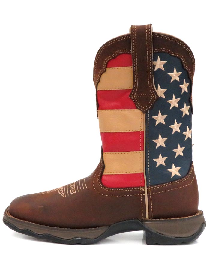 Durango RD4414 Womens Patriotic Pull-On Flag Western Boots front back and side view. If you need any assistance with this item or the purchase of this item please call us at five six one seven four eight eight eight zero one Monday through Saturday 10:00a.m EST to 8:00 p.m EST
