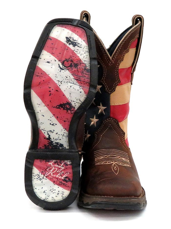Durango RD4414 Womens Patriotic Pull-On Flag Western Boots front and sole view. If you need any assistance with this item or the purchase of this item please call us at five six one seven four eight eight eight zero one Monday through Saturday 10:00a.m EST to 8:00 p.m EST