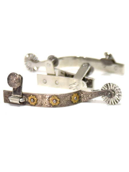 E Garcia Spurs SP2301 Authentic Chrome Floral Inlay Cowboy Boot Spurs side view. If you need any assistance with this item or the purchase of this item please call us at five six one seven four eight eight eight zero one Monday through Saturday 10:00a.m EST to 8:00 p.m EST