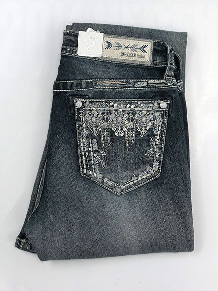 Grace In LA EB-61300 Womens Aztec Embellished Easy Fit Bootcut Jeans back pocket close up. If you need any assistance with this item or the purchase of this item please call us at five six one seven four eight eight eight zero one Monday through Saturday 10:00a.m EST to 8:00 p.m EST