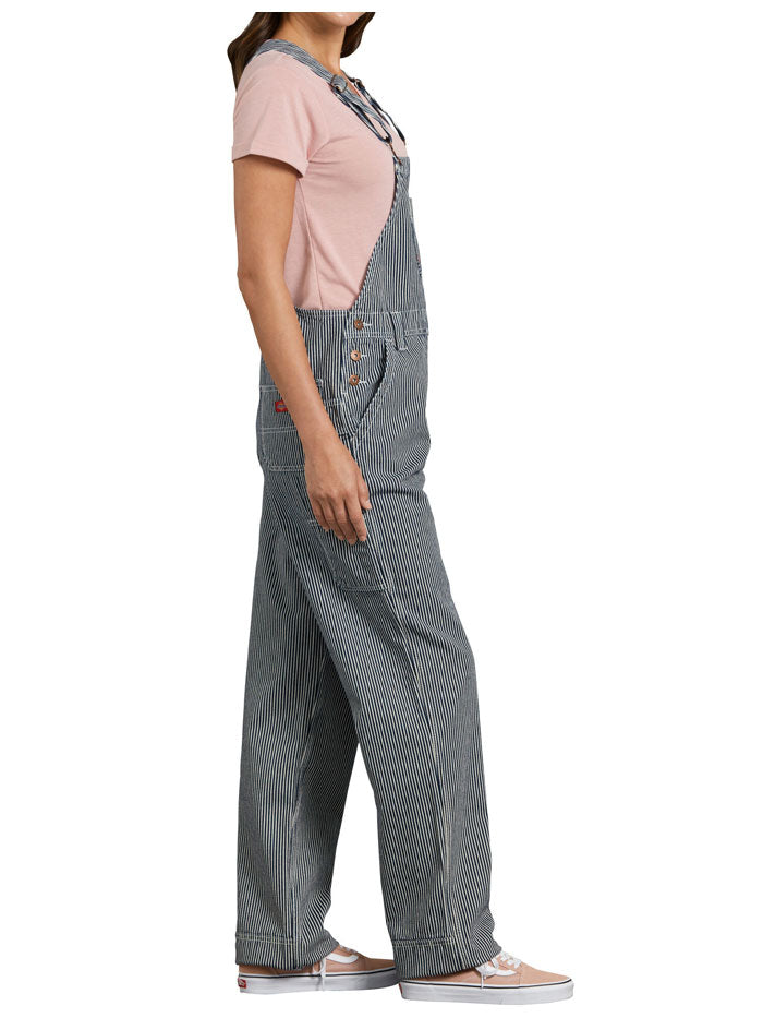 Dickies FB206RHS Women's Relaxed Fit Bib Overalls Blue White Hickory Stripe front. If you need any assistance with this item or the purchase of this item please call us at five six one seven four eight eight eight zero one Monday through Saturday 10:00a.m EST to 8:00 p.m EST