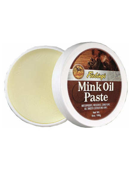 Fiebing's 03040 Mink Oil Paste 6oz open view. If you need any assistance with this item or the purchase of this item please call us at five six one seven four eight eight eight zero one Monday through Saturday 10:00a.m EST to 8:00 p.m EST