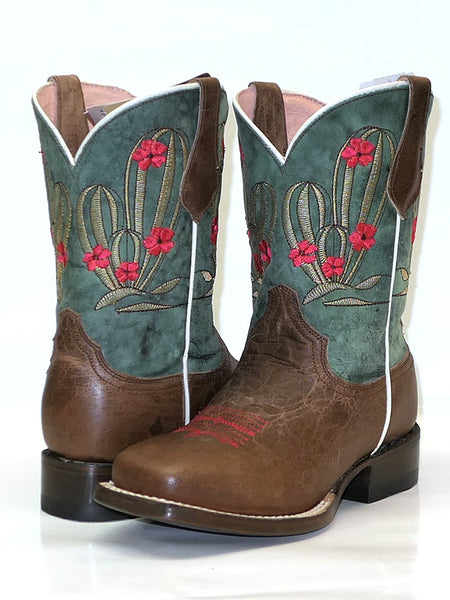 Roper 09-018-7022-1435 Kids Square Toe Cactus Cutie Boots Tan front and back view. If you need any assistance with this item or the purchase of this item please call us at five six one seven four eight eight eight zero one Monday through Saturday 10:00a.m EST to 8:00 p.m EST