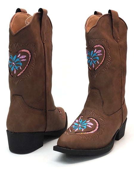 Roper 09-018-1556-1117 Kids Daisy Heart Snip Toe Western Boots Brown front and back view. If you need any assistance with this item or the purchase of this item please call us at five six one seven four eight eight eight zero one Monday through Saturday 10:00a.m EST to 8:00 p.m EST