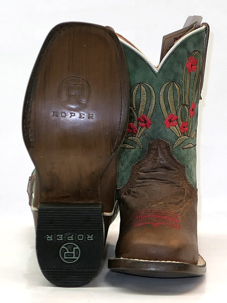 Roper 09-018-7022-1435 Kids Square Toe Cactus Cutie Boots Tan front and sole view. If you need any assistance with this item or the purchase of this item please call us at five six one seven four eight eight eight zero one Monday through Saturday 10:00a.m EST to 8:00 p.m EST