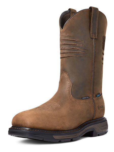Ariat 10036002 Mens WorkHog XT Patriot Waterproof Carbon Toe Work Boots Brown front and side view. If you need any assistance with this item or the purchase of this item please call us at five six one seven four eight eight eight zero one Monday through Saturday 10:00a.m EST to 8:00 p.m EST
