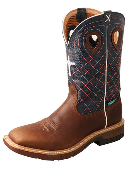 Twisted X MXBW001 Mens Waterproof Western Work Boot Mocha Navy  front and side view. If you need any assistance with this item or the purchase of this item please call us at five six one seven four eight eight eight zero one Monday through Saturday 10:00a.m EST to 8:00 p.m EST