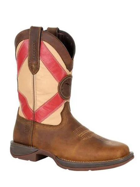 Durango DDB0233 Mens Florida State Flag Western Boot Saddle Brown side view. If you need any assistance with this item or the purchase of this item please call us at five six one seven four eight eight eight zero one Monday through Saturday 10:00a.m EST to 8:00 p.m EST