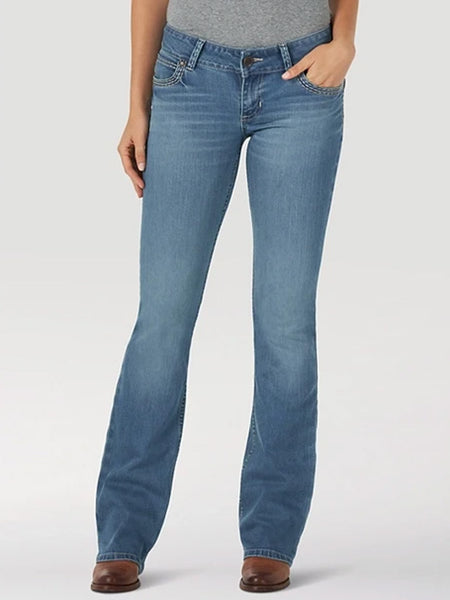 Wrangler 07MWZUG Womens Retro Sadie Bootcut Jeans Medium Wash front view. If you need any assistance with this item or the purchase of this item please call us at five six one seven four eight eight eight zero one Monday through Saturday 10:00a.m EST to 8:00 p.m EST