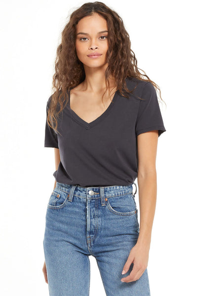 Z Supply ZT201273-BLK Womens ORGANIC COTTON V-Neck Relaxed Fit Tee Washed Black front view. If you need any assistance with this item or the purchase of this item please call us at five six one seven four eight eight eight zero one Monday through Saturday 10:00a.m EST to 8:00 p.m EST