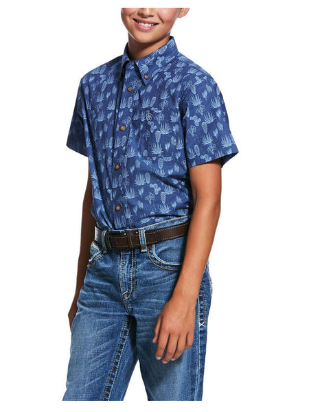 Ariat 10031820 Boys Tavares Print Classic Fit Shirt Fresh Indigo front view. If you need any assistance with this item or the purchase of this item please call us at five six one seven four eight eight eight zero one Monday through Saturday 10:00a.m EST to 8:00 p.m EST