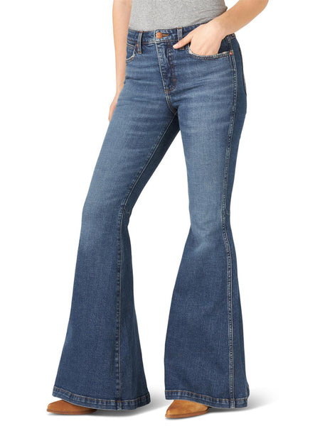 Wrangler 11MPFKP Womens Retro High Rise Green Trumpet Flare Jean Paige front view. If you need any assistance with this item or the purchase of this item please call us at five six one seven four eight eight eight zero one Monday through Saturday 10:00a.m EST to 8:00 p.m EST
