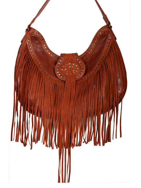 Scully B177 Womens Fringe Studded Leather Handbag Brown front view. If you need any assistance with this item or the purchase of this item please call us at five six one seven four eight eight eight zero one Monday through Saturday 10:00a.m EST to 8:00 p.m EST