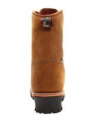 Georgia G9382 Mens Steel Toe Insulated Logger Boot Worn Saddle back view. If you need any assistance with this item or the purchase of this item please call us at five six one seven four eight eight eight zero one Monday through Saturday 10:00a.m EST to 8:00 p.m EST