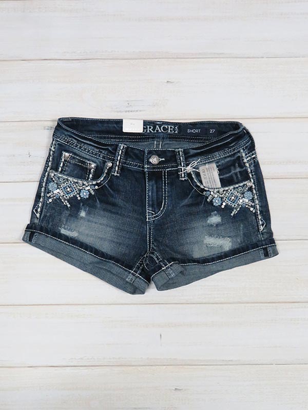 Grace In LA JHW51376 Womens Crystals Aztec Embroidery Denim Short Dark Wash back view. If you need any assistance with this item or the purchase of this item please call us at five six one seven four eight eight eight zero one Monday through Saturday 10:00a.m EST to 8:00 p.m EST