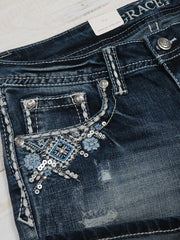 Grace In LA JHW51376 Womens Crystals Aztec Embroidery Denim Short Dark Wash front pocket close up. If you need any assistance with this item or the purchase of this item please call us at five six one seven four eight eight eight zero one Monday through Saturday 10:00a.m EST to 8:00 p.m EST