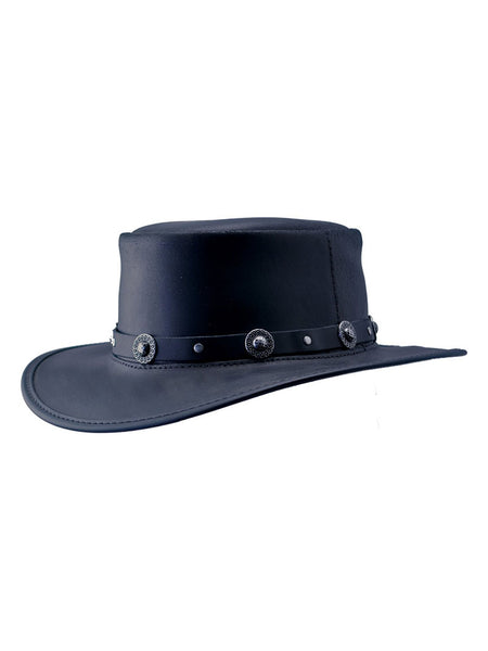 American Hat Makers SILVERADO-S-CONCHO Flat Brim Pork Pie Hat Black front and side view. If you need any assistance with this item or the purchase of this item please call us at five six one seven four eight eight eight zero one Monday through Saturday 10:00a.m EST to 8:00 p.m EST