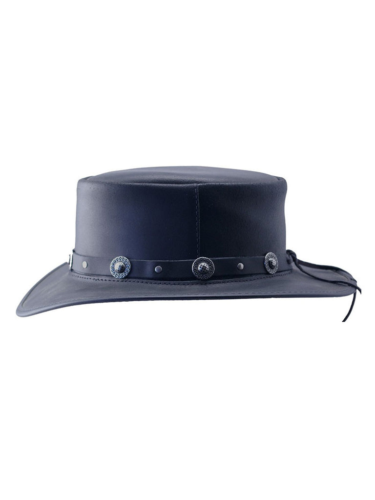 American Hat Makers SILVERADO-S-CONCHO Flat Brim Pork Pie Hat Black front and side view. If you need any assistance with this item or the purchase of this item please call us at five six one seven four eight eight eight zero one Monday through Saturday 10:00a.m EST to 8:00 p.m EST